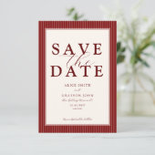 Rode Fluwelen Klassieke Gestreepte Huwelijk Save The Date (Staand voorkant)