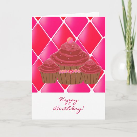 Rode fluwelen verjaardagscupcakes kaart (Voorkant)