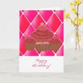 Rode fluwelen verjaardagscupcakes kaart (Gele Bloem)