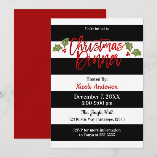 Rode Folie Glans Chic Moderne Script Kerst Diner Kaart (Voorkant / Achterkant)