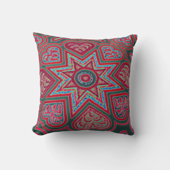 Rode Folk Art Harten Worpillow Kussen (Voorkant)