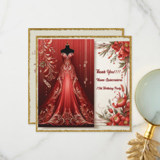 Rode formele lange jurk quinceañera bedankkaart