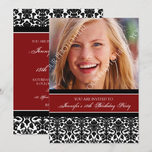 Rode foto 18e verjaardag van uitnodigingen van de  (Voorkant / Achterkant)