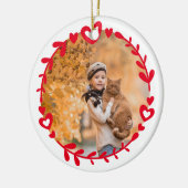 Rode foto en kerstversiering met citaat keramisch ornament (Links)