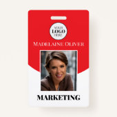 Rode Foto Logo en QR Code Naam Werknemer Badge (Voorkant)