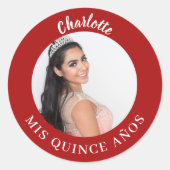 Rode foto naam Quinceanera Mis Quince Años Ronde Sticker (Voorkant)