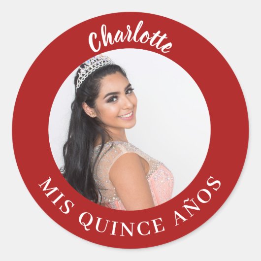 Rode foto naam Quinceanera Mis Quince Años Ronde Sticker (Voorkant)