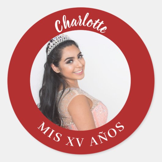 Rode foto naam Quinceanera Ronde Sticker (Voorkant)