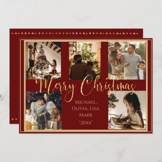 Rode Foto Prettig Kerstmis Gouden Script Kerstkaar Feestdagenkaart (Voorkant / Achterkant)