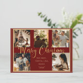 Rode Foto Prettig Kerstmis Gouden Script Kerstkaar Feestdagenkaart (Staand voorkant)