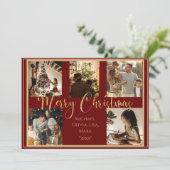 Rode foto vrolijk kerstfeest gouden script kerstka feestdagenkaart (Staand voorkant)
