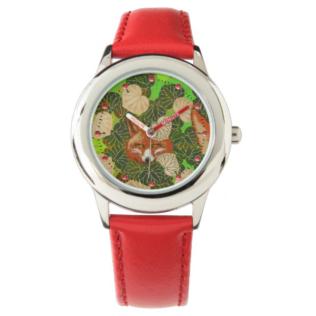 RODE FOX VAN DE GROENE LEAVES EN FOLIAGE HORLOGE (Voorkant)
