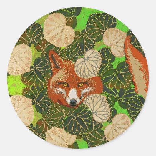 RODE FOX VAN DE GROENE LEAVES EN FOLIAGE RONDE STICKER (Voorkant)