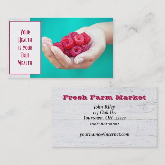 Rode frambozen in de hand visitekaartje (Voorkant / Achterkant)