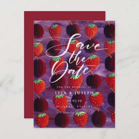 Rode Fruit Land Script Bewaar de Datum Aankondigingskaart (Voorkant / Achterkant)