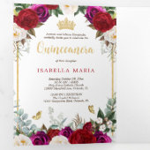 Rode Fuchsia Rozen Gouden Vlinders Quinceañera Drieluik Uitnodiging (Binnenzijde eerst)