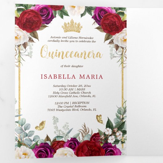 Rode Fuchsia Rozen Gouden Vlinders Quinceañera Drieluik Uitnodiging (Binnenzijde eerst)