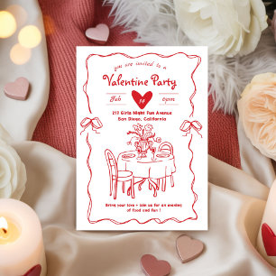 Rode Galentine-feest, valentijnfeest-doodle Kaart