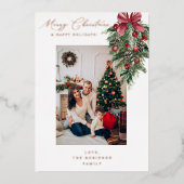 Rode Garland Ornament Prettig Kerstmis V-foto Folie Uitnodiging (Voorkant)