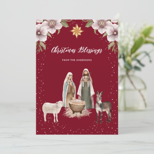 Rode Geboorte Scène Christelijke Kerstmis Kaart (Staand voorkant)