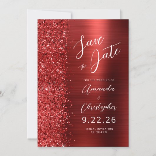 Rode Geborsteld Metaal Script Save the Date Aankondiging (Voorkant)