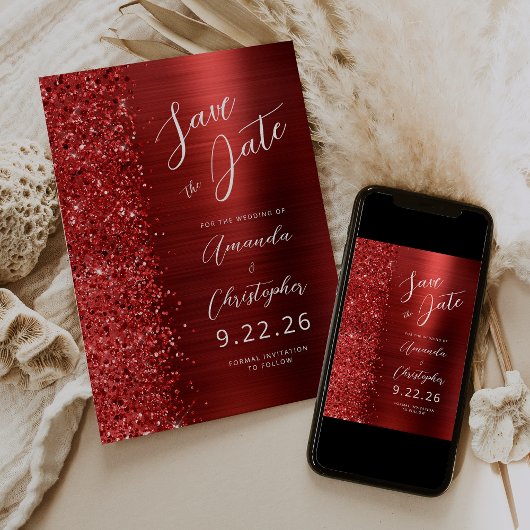 Rode Geborsteld Metaal Script Save the Date Aankondiging