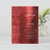 Rode Geborstelde Metaal Glitter Script Bruiloft Kaart (Staand voorkant)
