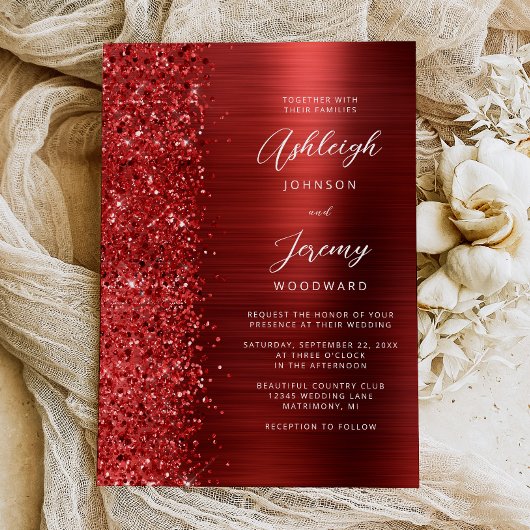 Rode Geborstelde Metaal Glitter Script Bruiloft Kaart