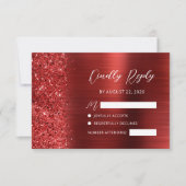 Rode Geborstelde Metaal Glitter Script Bruiloft RSVP Kaartje (Voorkant)