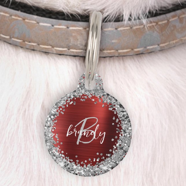 Rode Geborstelde Metaal Zilveren Glitter Monogram  Huisdierpenning (Creator heeft geüpload)