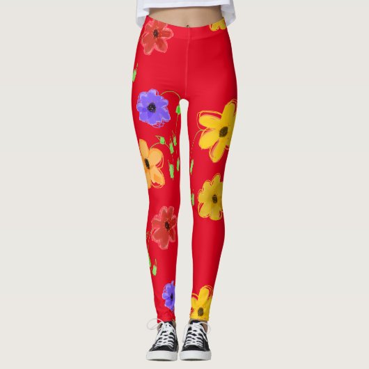 Rode gedurfde bloemen Leggings (Voorkant)