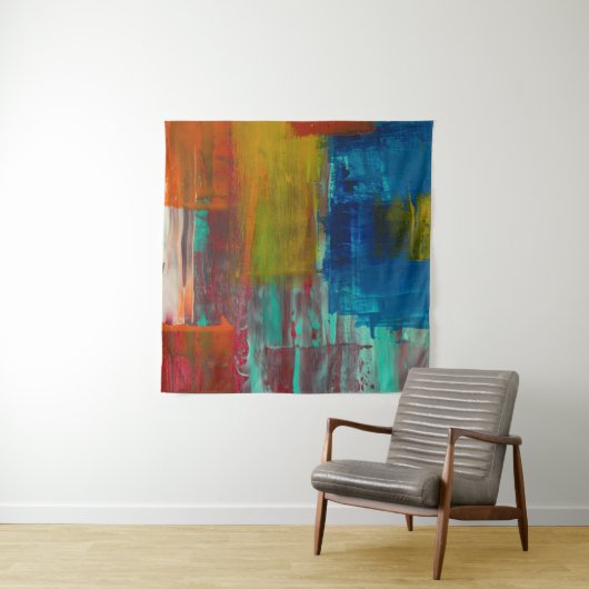 RODE GEEL BLAUW EN WITTE ABSTRACTE SCHIJVEN WANDKLEED (In situ)