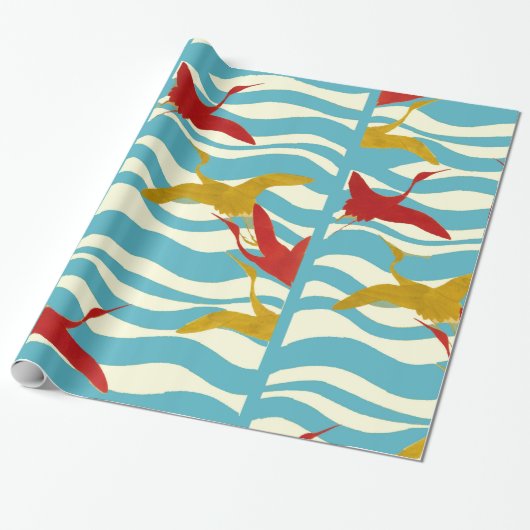 RODE GEEL VLIEGTUIGEN OP WITTE BLAUWE ZEE WAVES CADEAUPAPIER (Uitgerold)