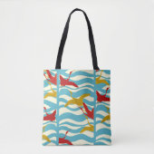 RODE GEEL VLIEGTUIGEN OP WITTE BLAUWE ZEE WAVES TOTE BAG (Voorkant)