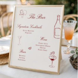 Rode geïllustreerde grillige bruiloftsbarmenu poster