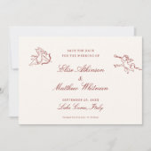Rode geïllustreerde Whimsical Wedding Save The Dat Date (Voorkant)