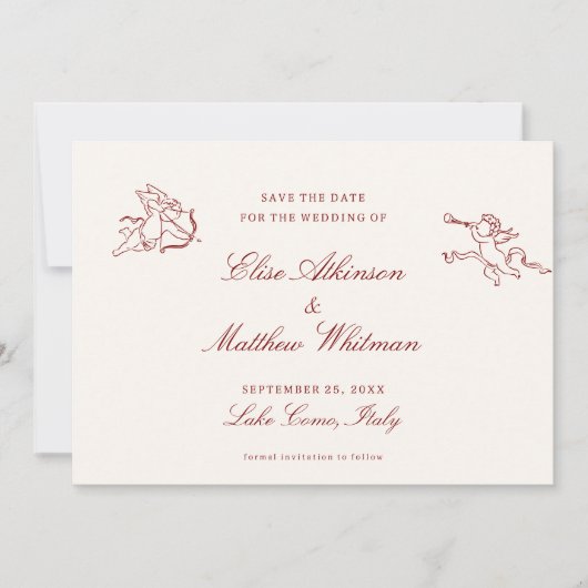 Rode geïllustreerde Whimsical Wedding Save The Dat Date (Voorkant)