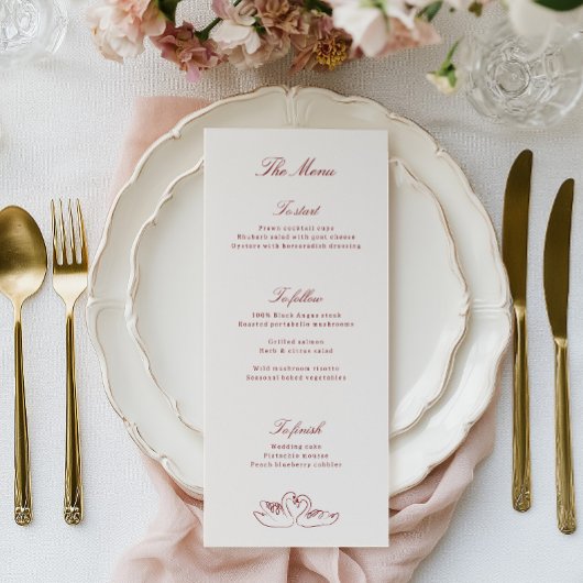 Rode Geïllustreerde Zwanen Whimsical Huwelijksmenu Menu