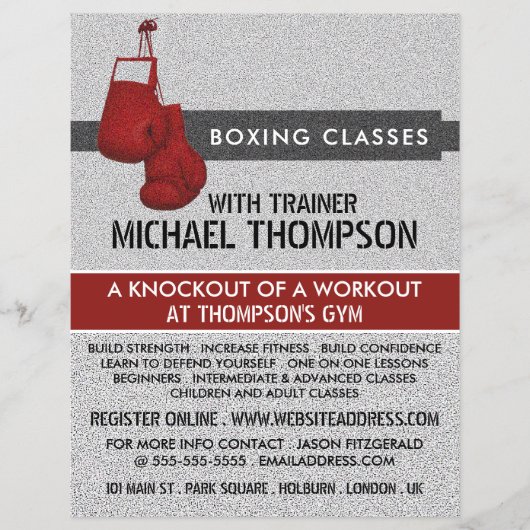 Rode gekorrede handschoenen, boxingsklasse-advert flyer (Voorkant)