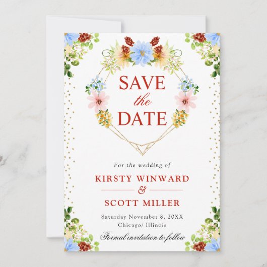 Rode Gele Blauwe Bloemen Hart Krans Bruiloft Save The Date (Voorkant)
