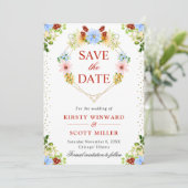 Rode Gele Blauwe Bloemen Hart Krans Bruiloft Save The Date (Staand voorkant)