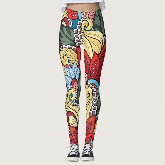 Rode gele blauwe groene bloemen en zwijn leggings (Voorkant)