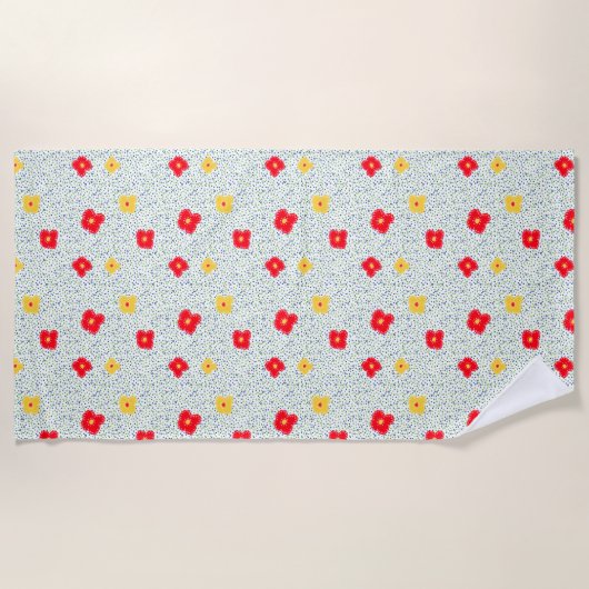 Rode gele bloemen groene blauwe cirkel polka dot strandlaken (Voorkant)