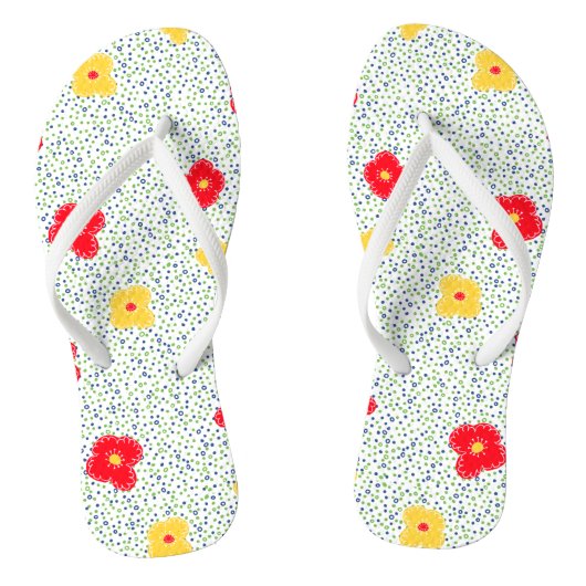 Rode gele bloemen groene blauwe cirkel polka dot teenslippers (Voetbed)