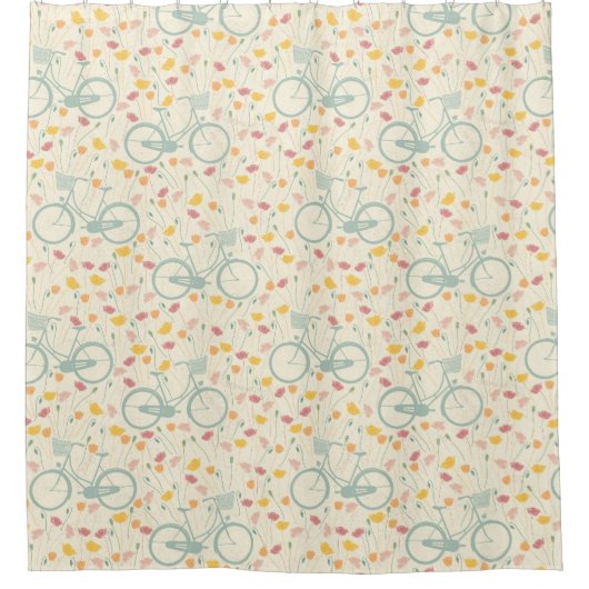 Rode, gele bloemen met blauwe fiets douchegordijn (Voorkant)