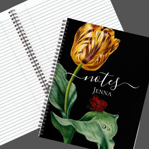 Rode & Gele Botanische Tulp op Zwart Notitieboek