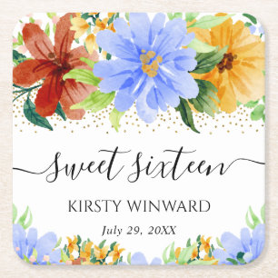 Rode Gele en Blauwe Bloemen Sweet Sixteen Kartonnen Onderzetters