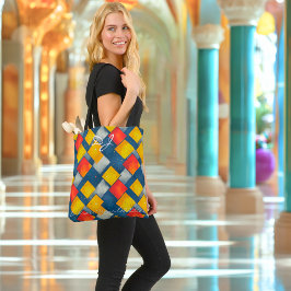 Rode, gele en blauwe geometrische diamanten patroo tote bag