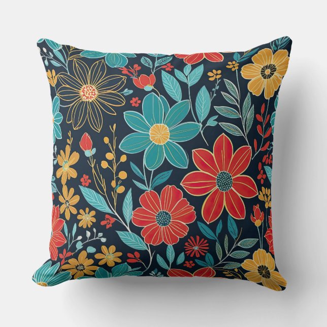 Rode, gele en blauwe grillige bloemen kussen (Voorkant)