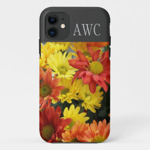 rode, gele en oranje margriet bloemen, monogram iPhone 11 hoesje
